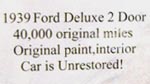 39 Ford Deluxe Tudor Sedan Data Sheet